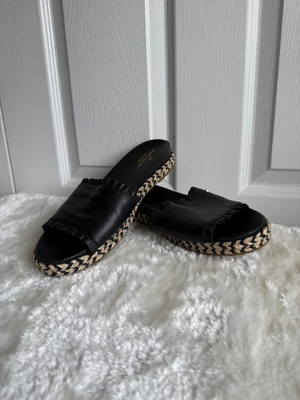 Kate Spade Zahara Black Leather Ruffle Espadrille Slide Sandals Size 9
